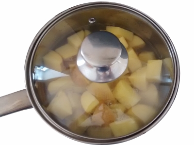 Photograph of a saucepan containing chunks of potato, roughly covered by water